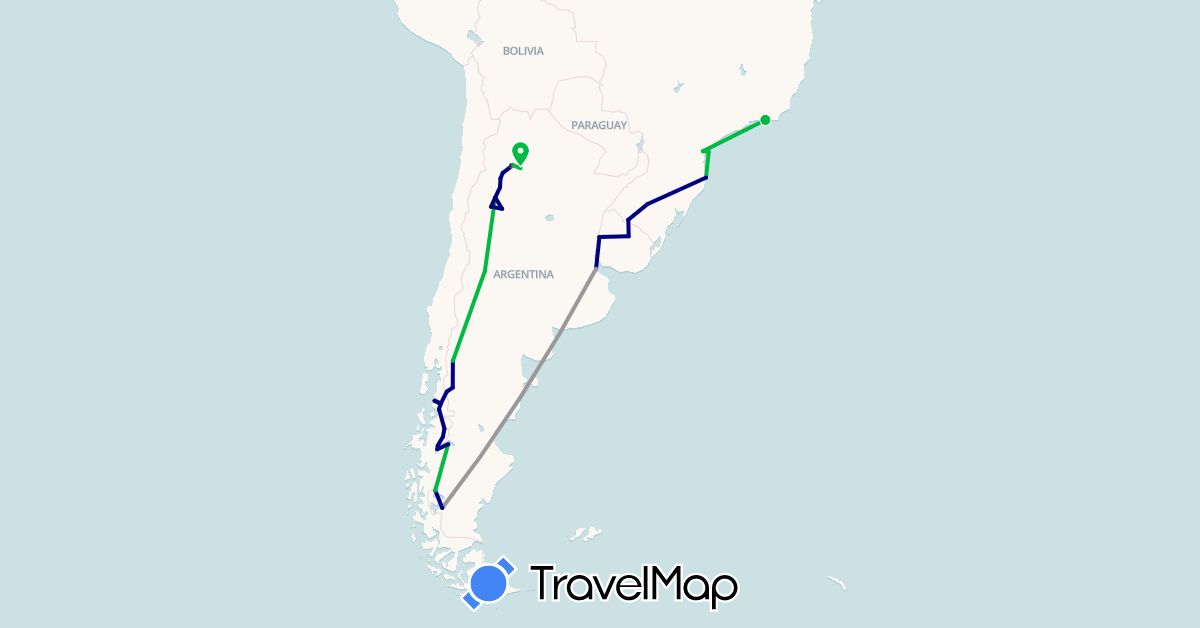 TravelMap itinerary: driving, bus, plane, hiking in Argentina, Brazil, Chile, Uruguay (South America)
